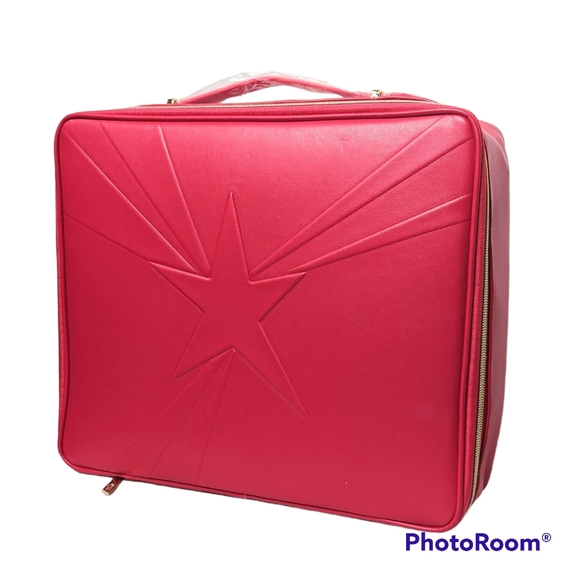 Lancome Train Case Red Faux Leather Cosmetic Makeup Travel Bag With Top Handle - Picture 3 of 13